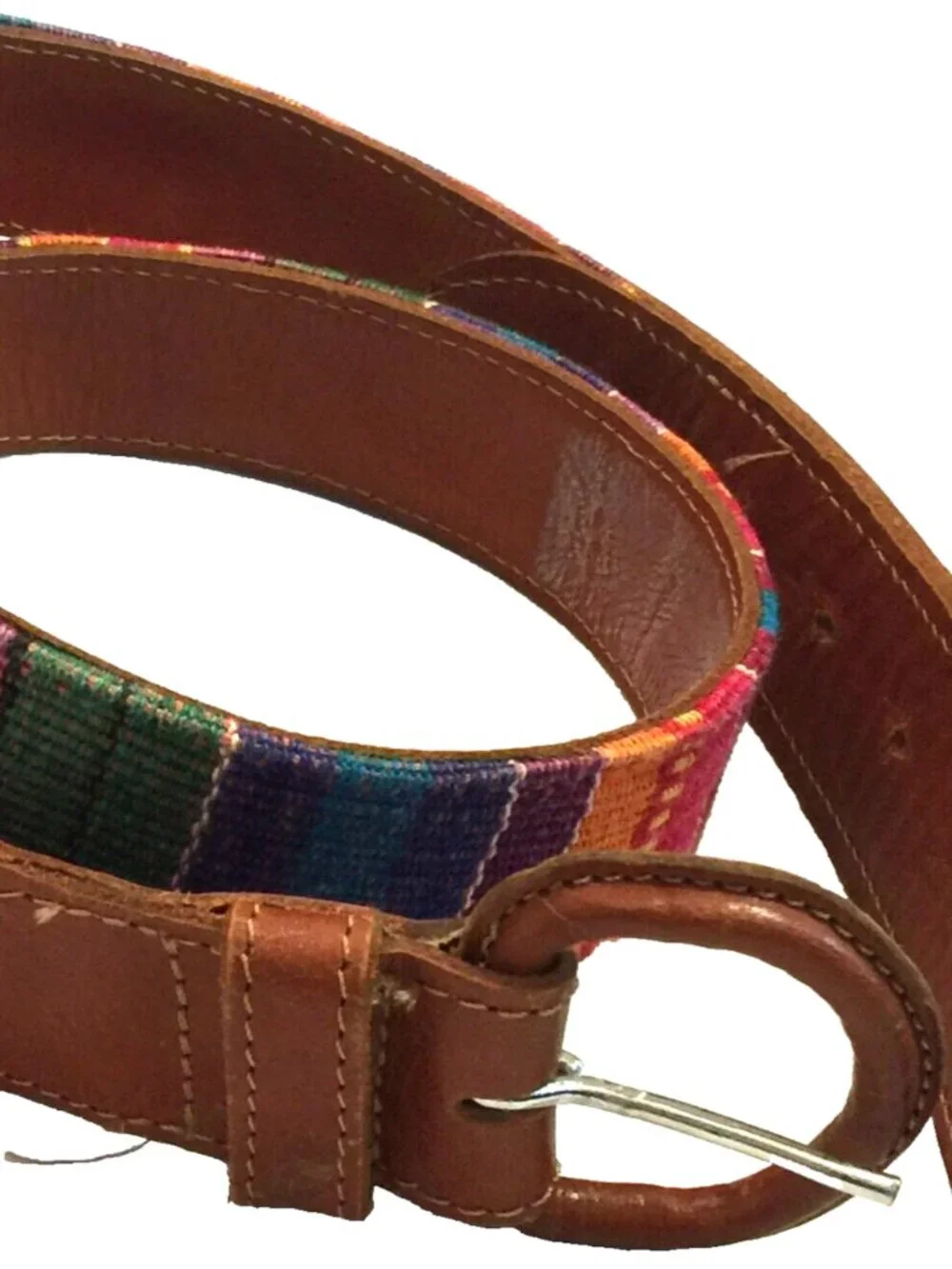 VINTAGE GUATEMALAN MULTICOLOR HANDWOVEN TEXTILE BUCKLE LEATHER BELT WOMENS 30